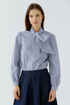 Oui blue and white striped bow blouse – front model view