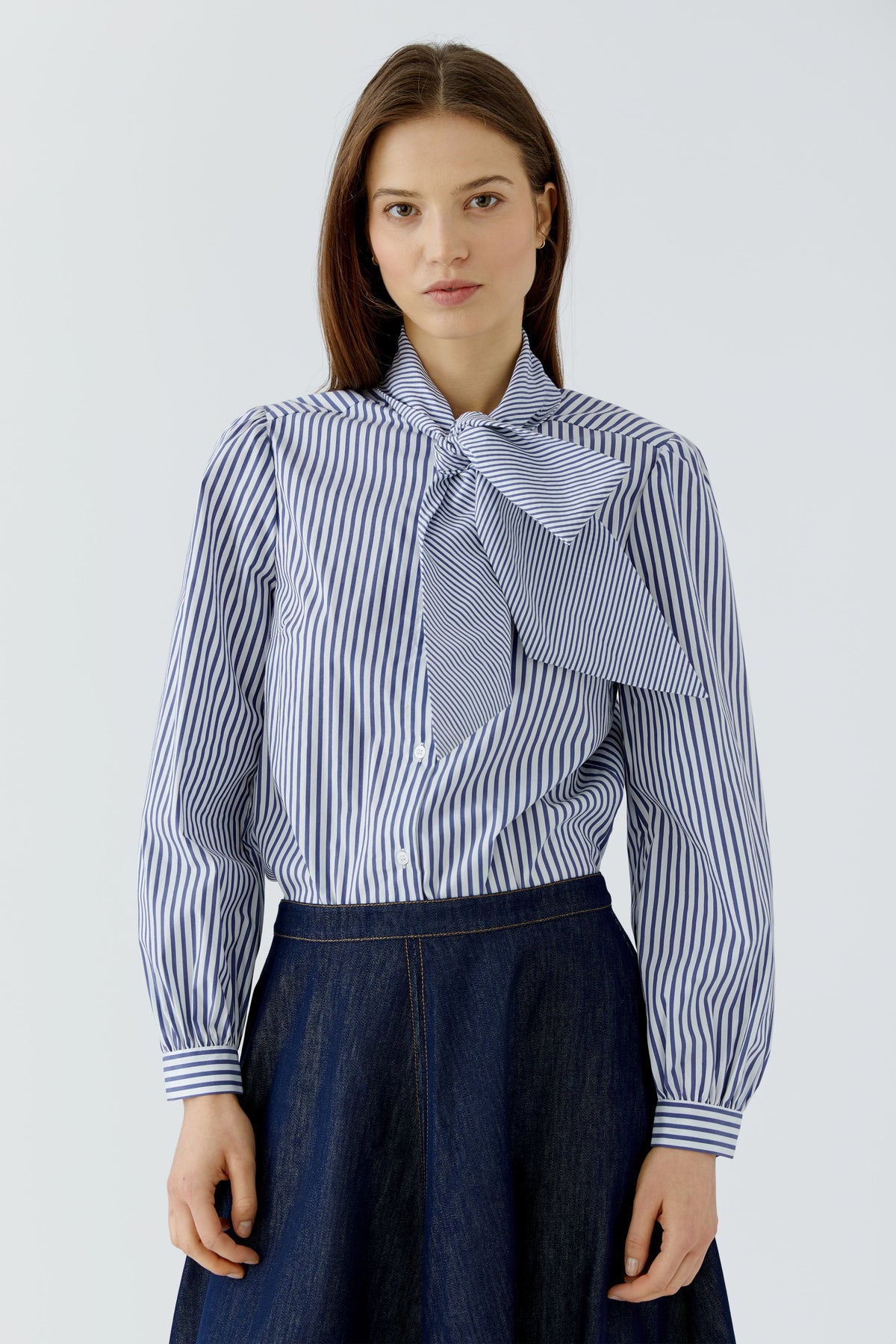 Oui blue and white striped bow blouse – front model view