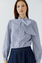 Oui blue and white striped pussy bow blouse – front model view