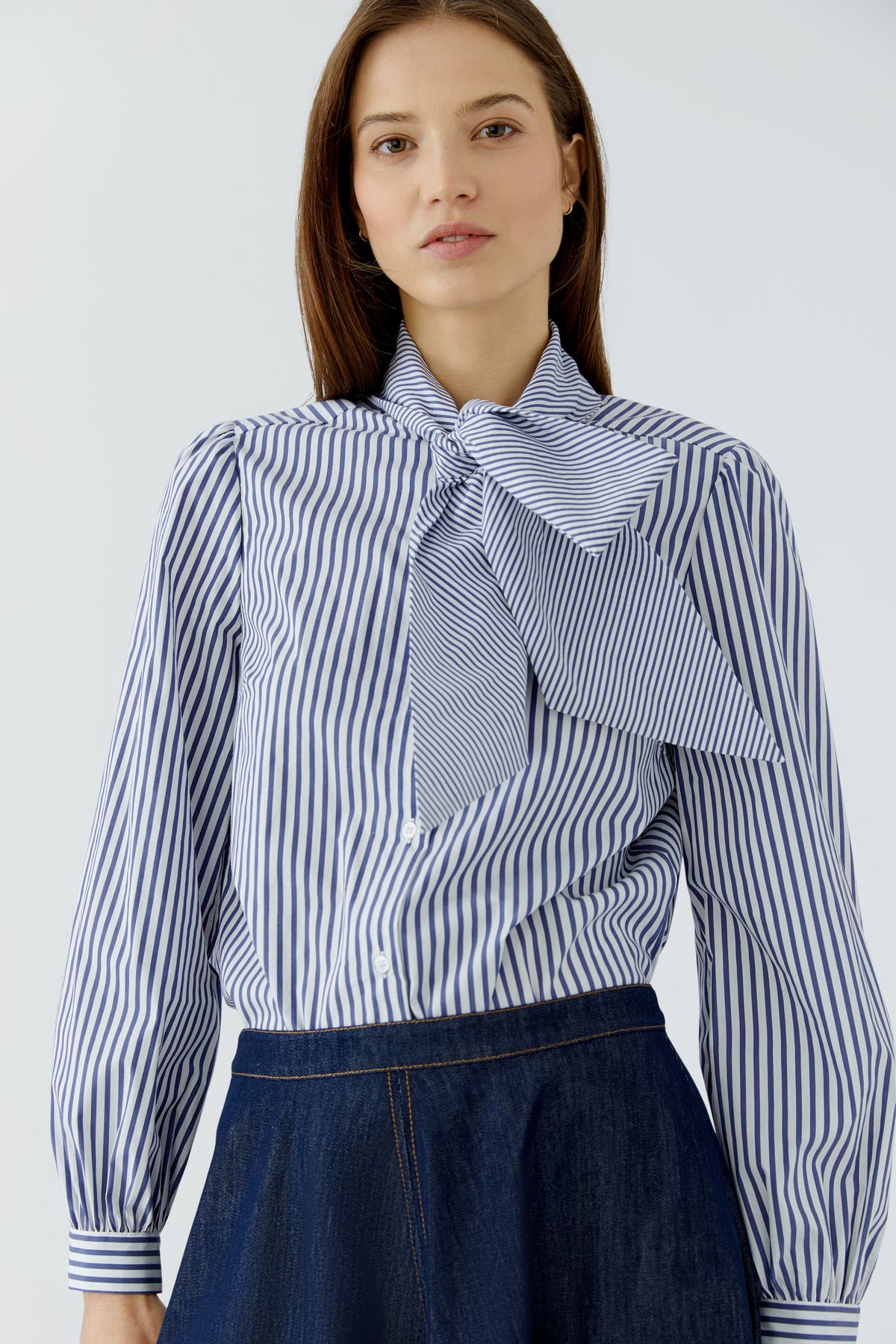 Oui blue and white striped pussy bow blouse – front model view