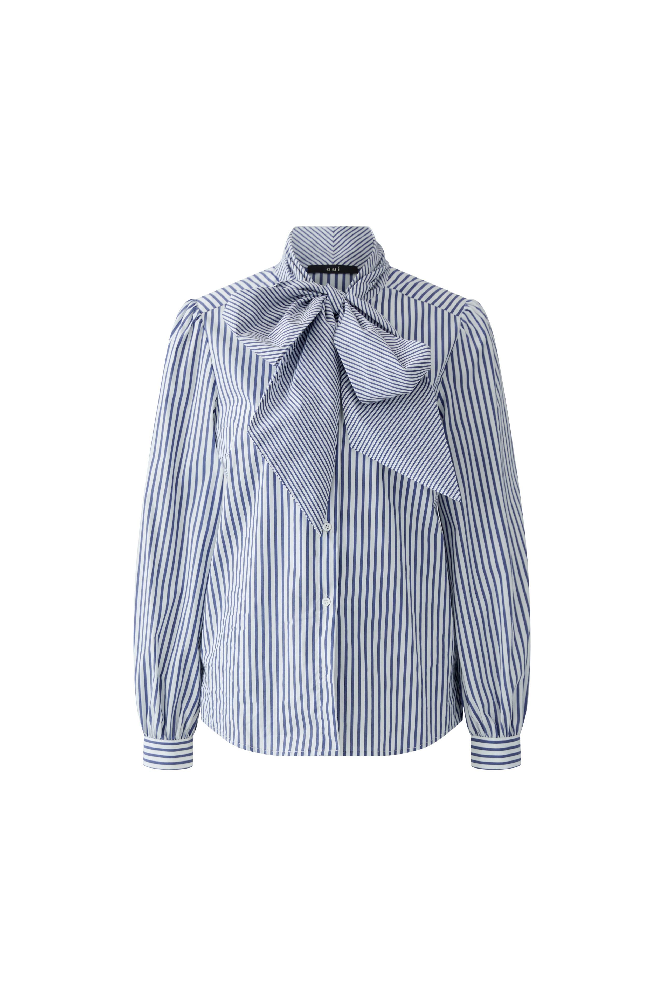 Oui blue and white striped pussy bow blouse – front product view