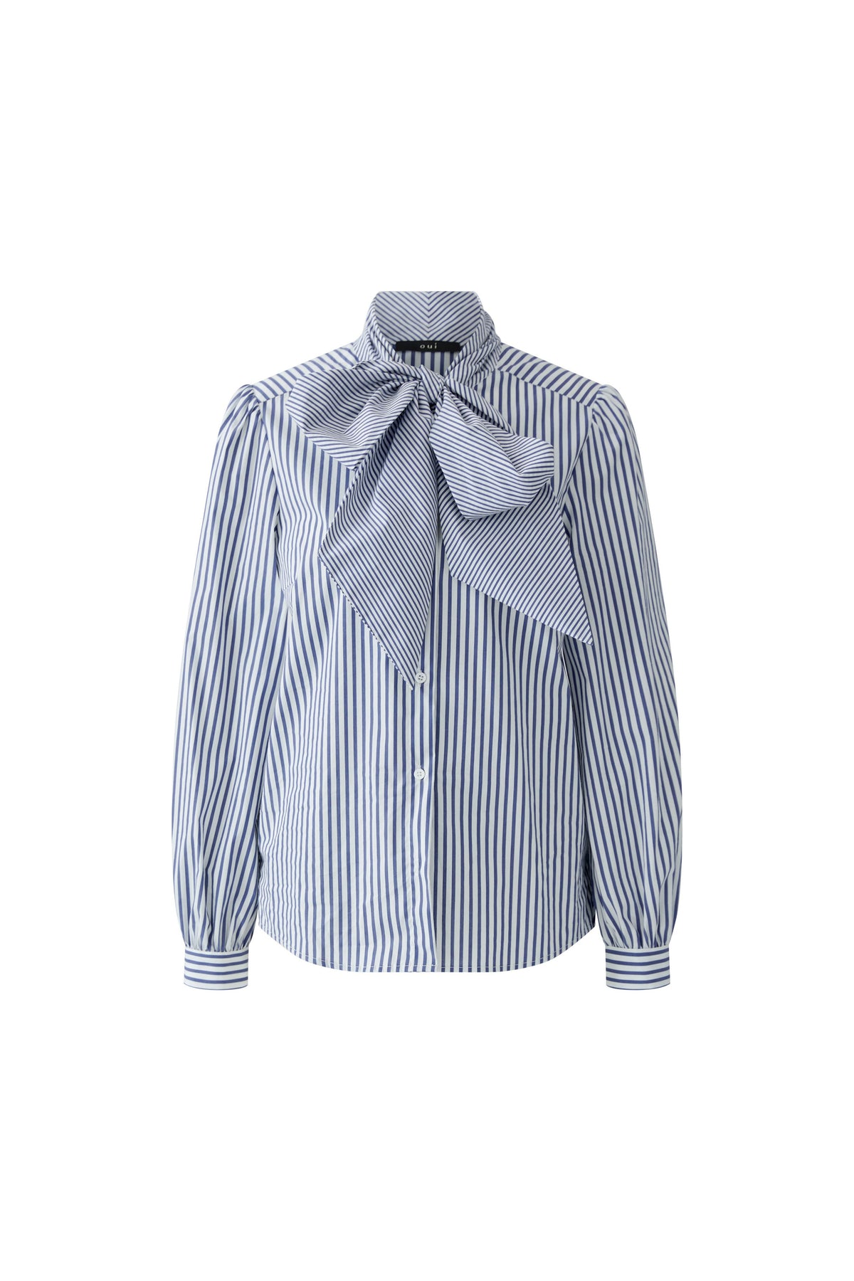 Oui blue and white striped pussy bow blouse – front product view