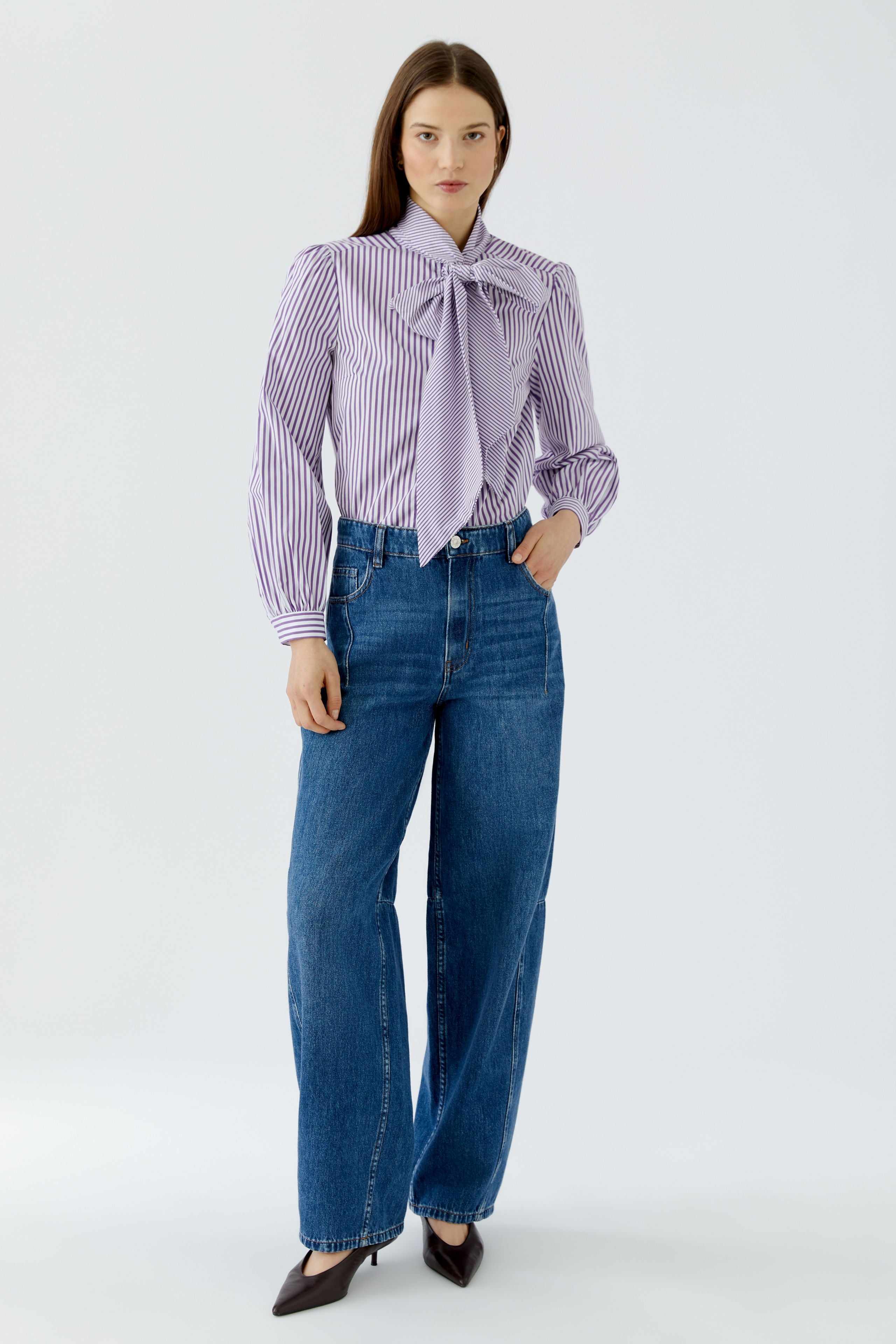 Oui violet and white striped pussy bow blouse – full front model view