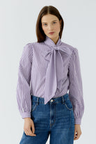 Oui violet and white striped pussy bow blouse – front model close-up