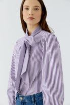 Oui violet and white striped bow blouse – three-quarter model view