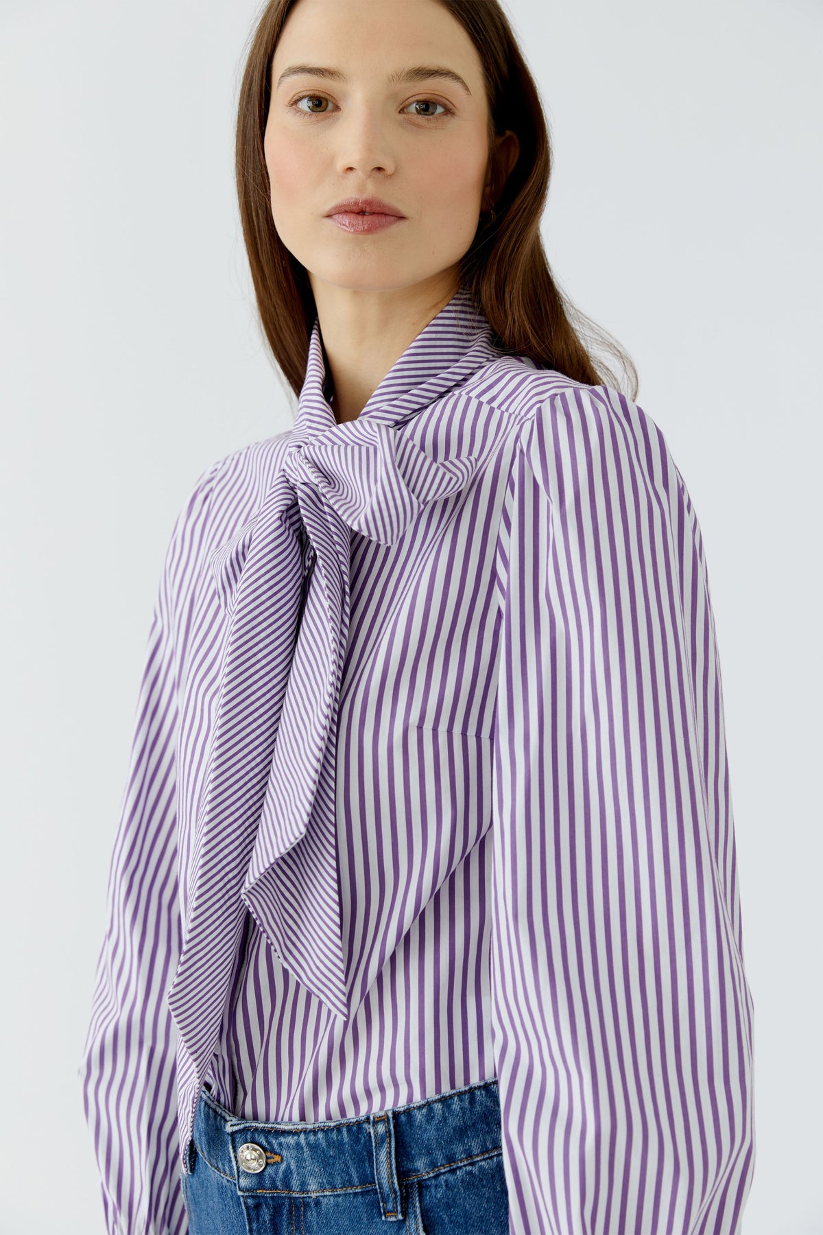 Oui violet and white striped bow blouse – three-quarter model view
