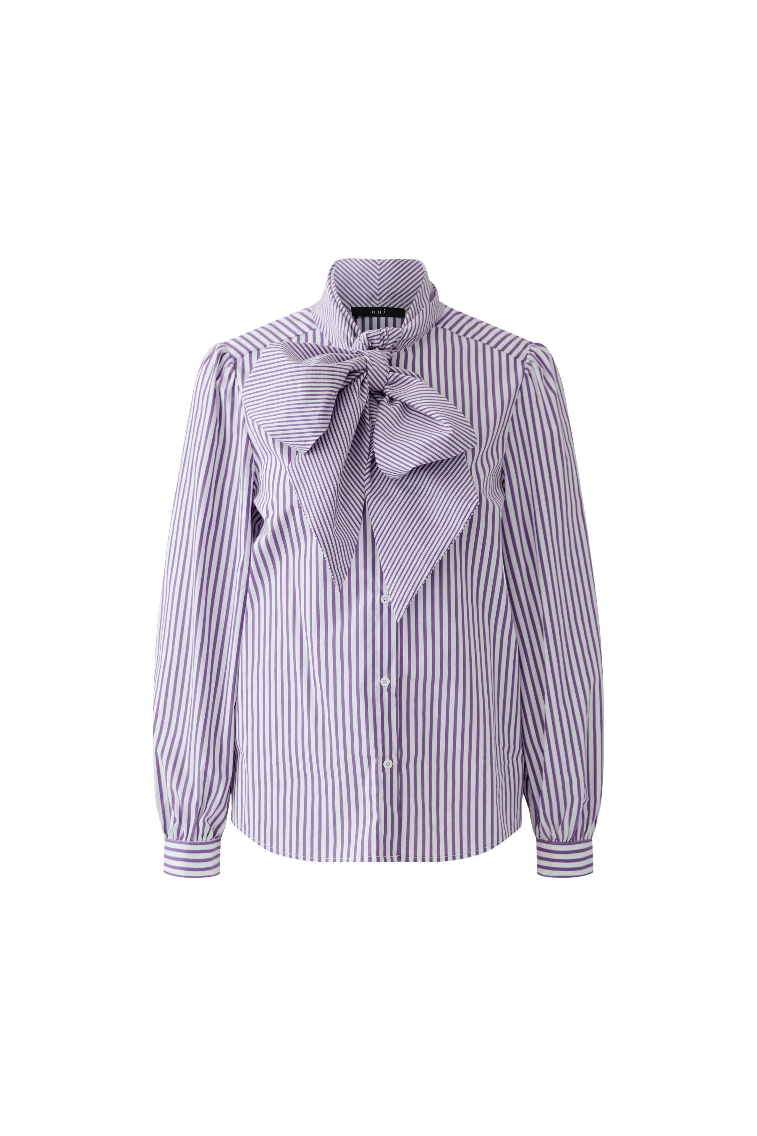 Oui violet and white striped pussy bow blouse – front product view