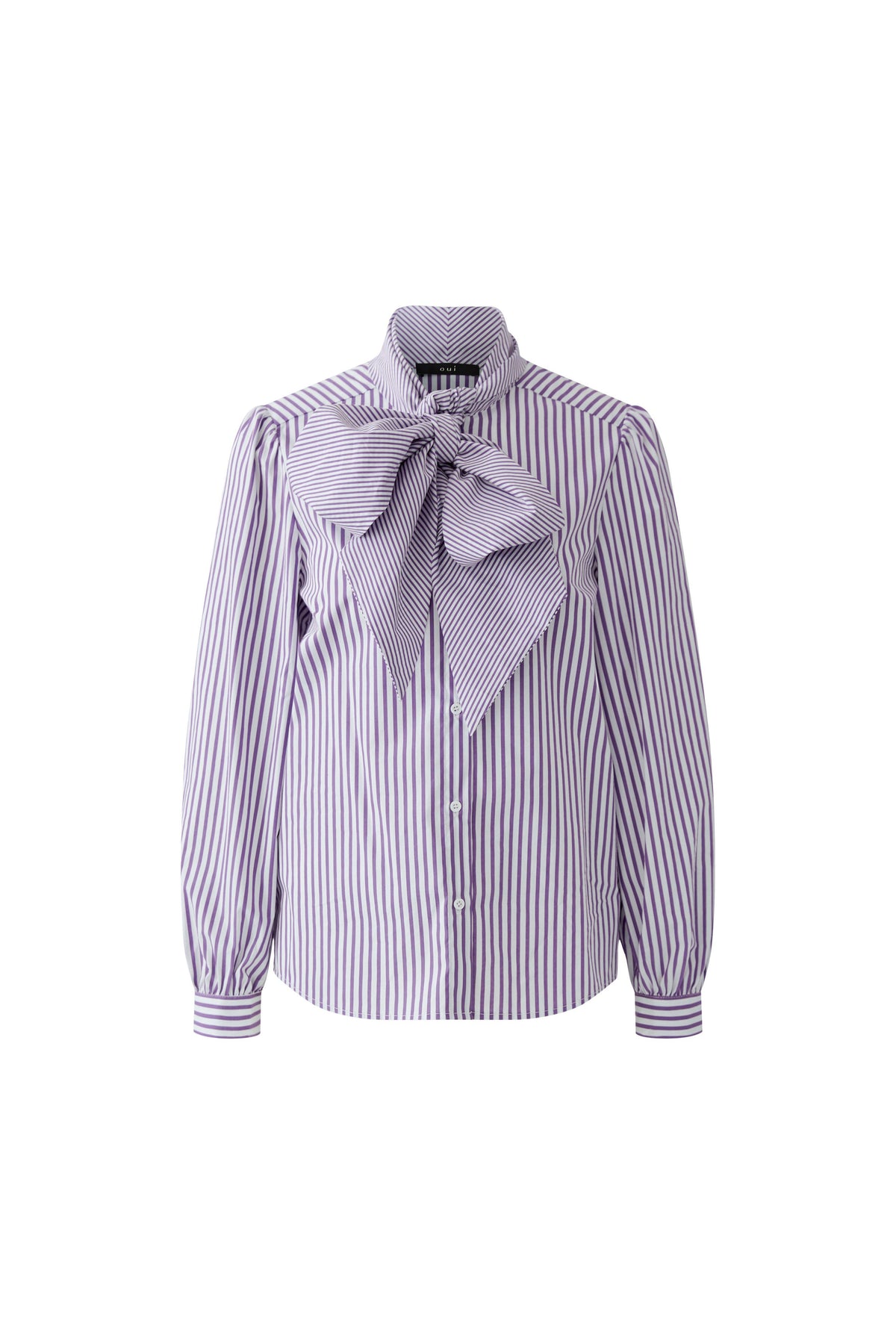 Oui violet and white striped pussy bow blouse – front product view