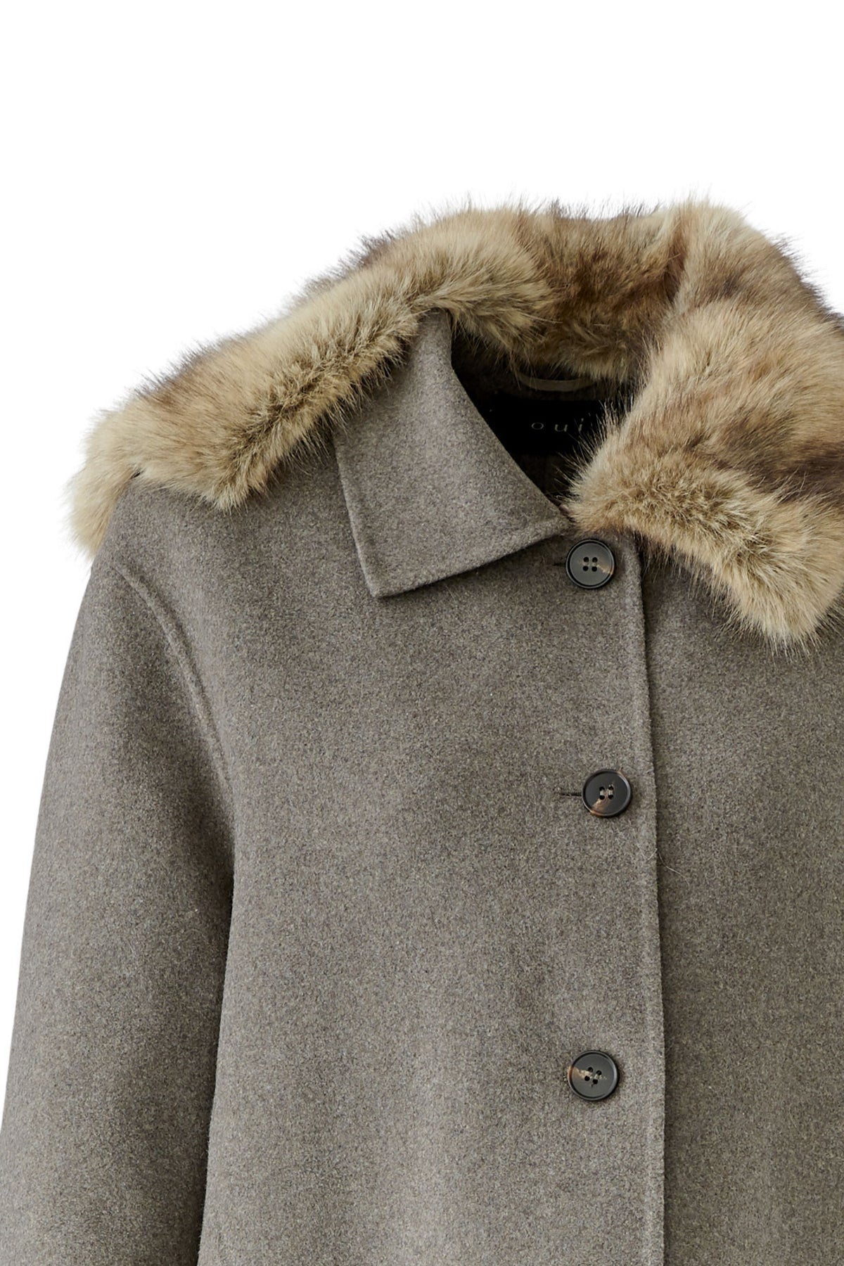 Oui taupe wool blend jacket with faux fur collar – collar and button detail