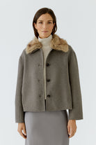Oui taupe wool blend faux fur collar jacket – front model view