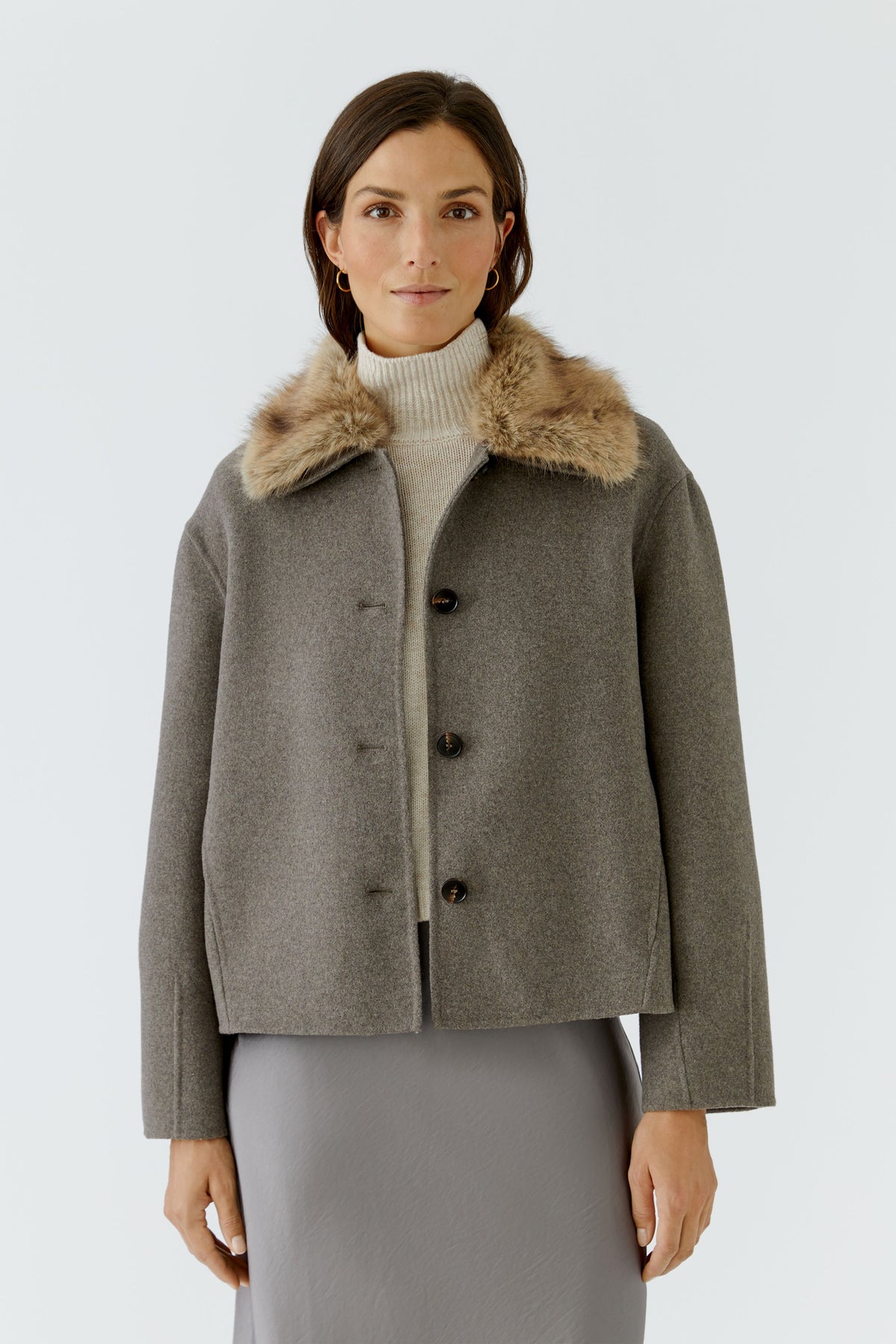 Oui taupe wool blend faux fur collar jacket – front model view