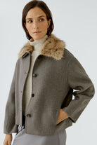 Oui taupe melange wool blend jacket with detachable faux fur collar – front model view