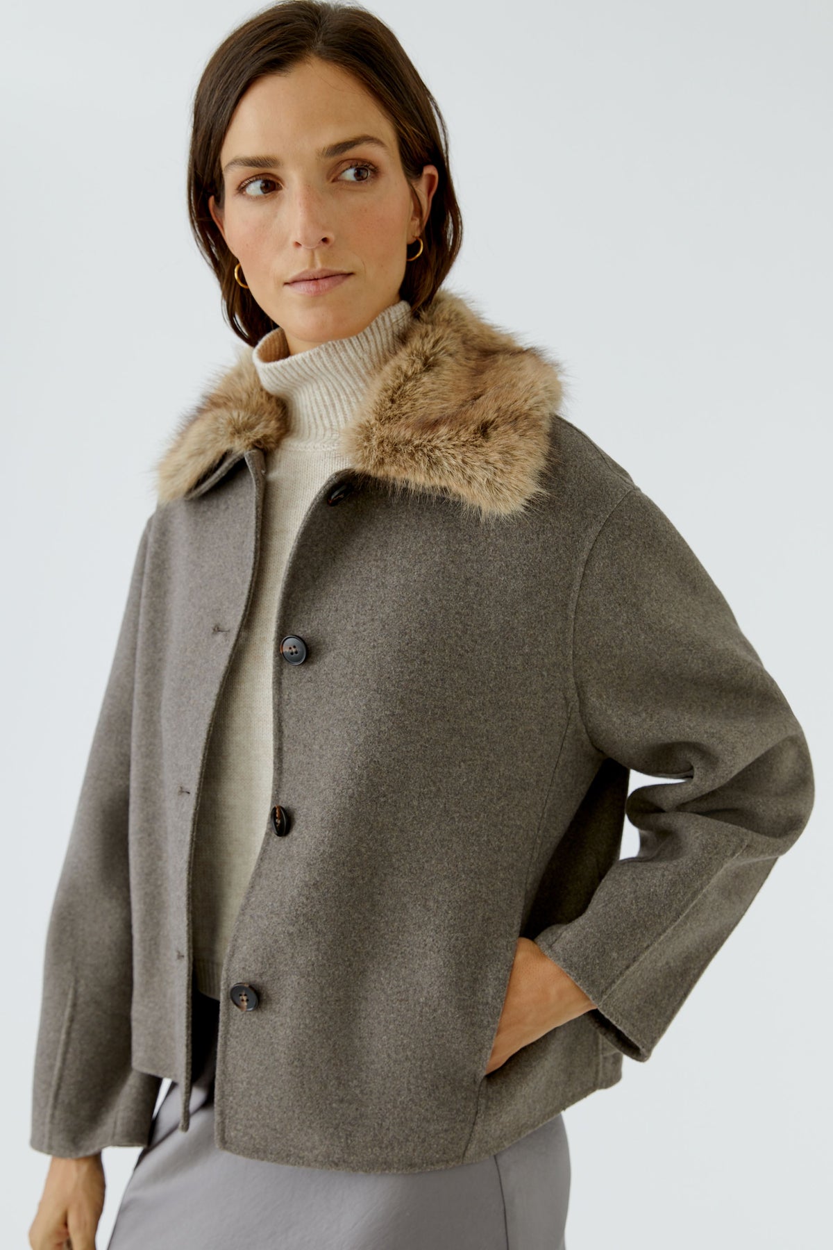Oui taupe melange wool blend jacket with detachable faux fur collar – front model view