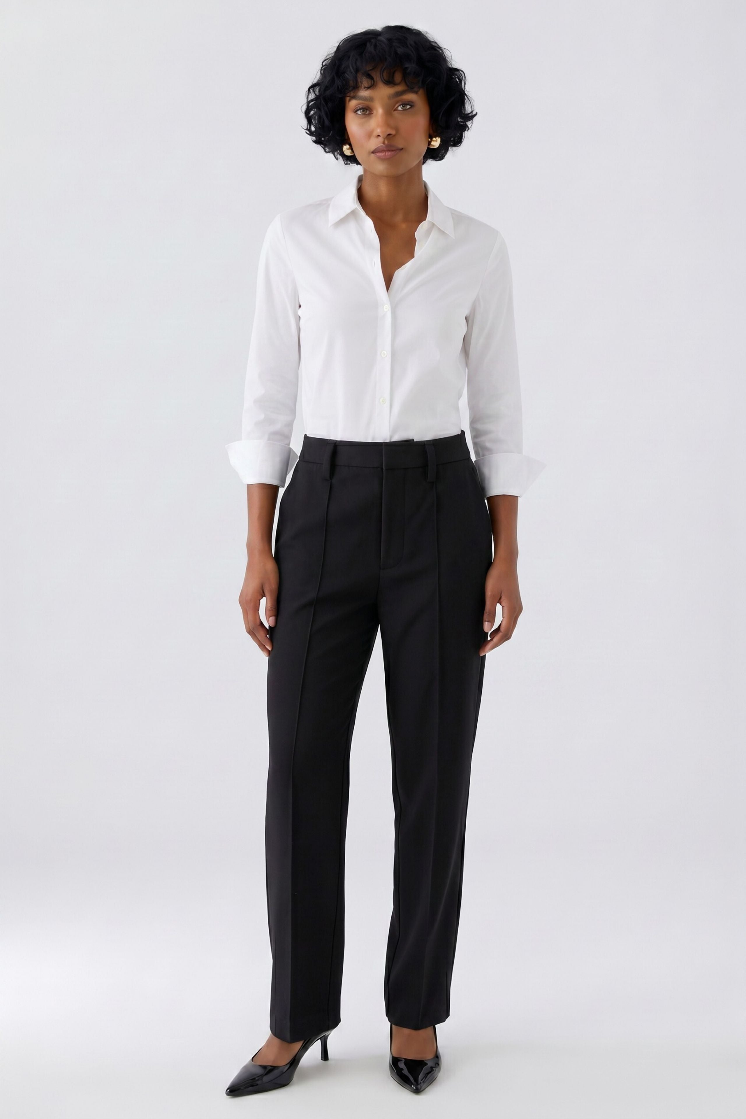 Oui black slim leg tailored trousers styled with white shirt – full outfit view