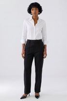 Oui black slim leg tailored trousers styled with white shirt – full outfit view