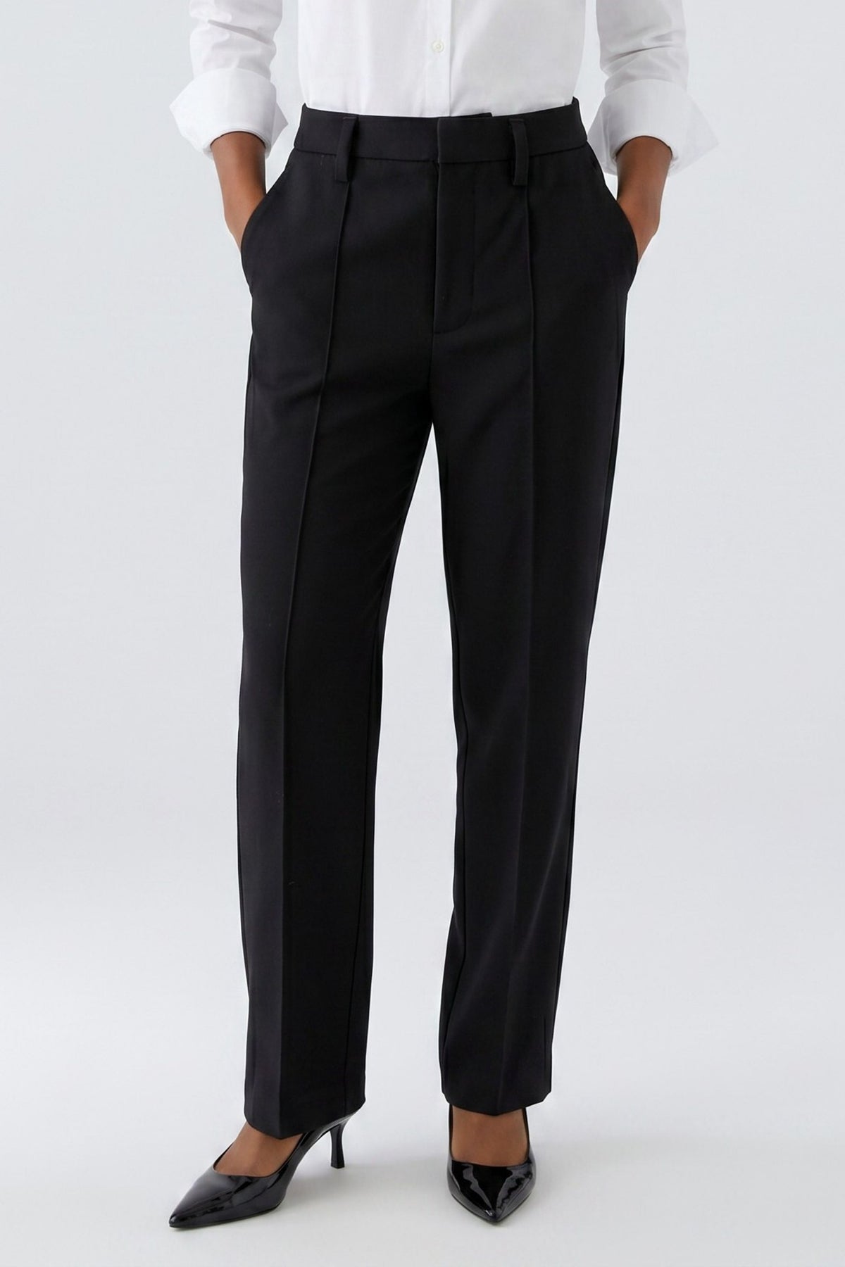Oui black stretch crepe slim leg tailored trousers with pressed front crease – front model view