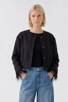 Oui black cropped feather trim jacket – front model view