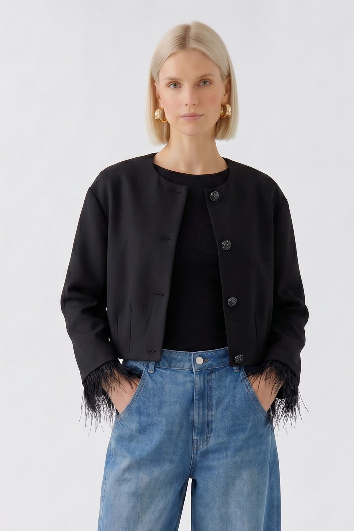 Oui black cropped feather trim jacket – front model view