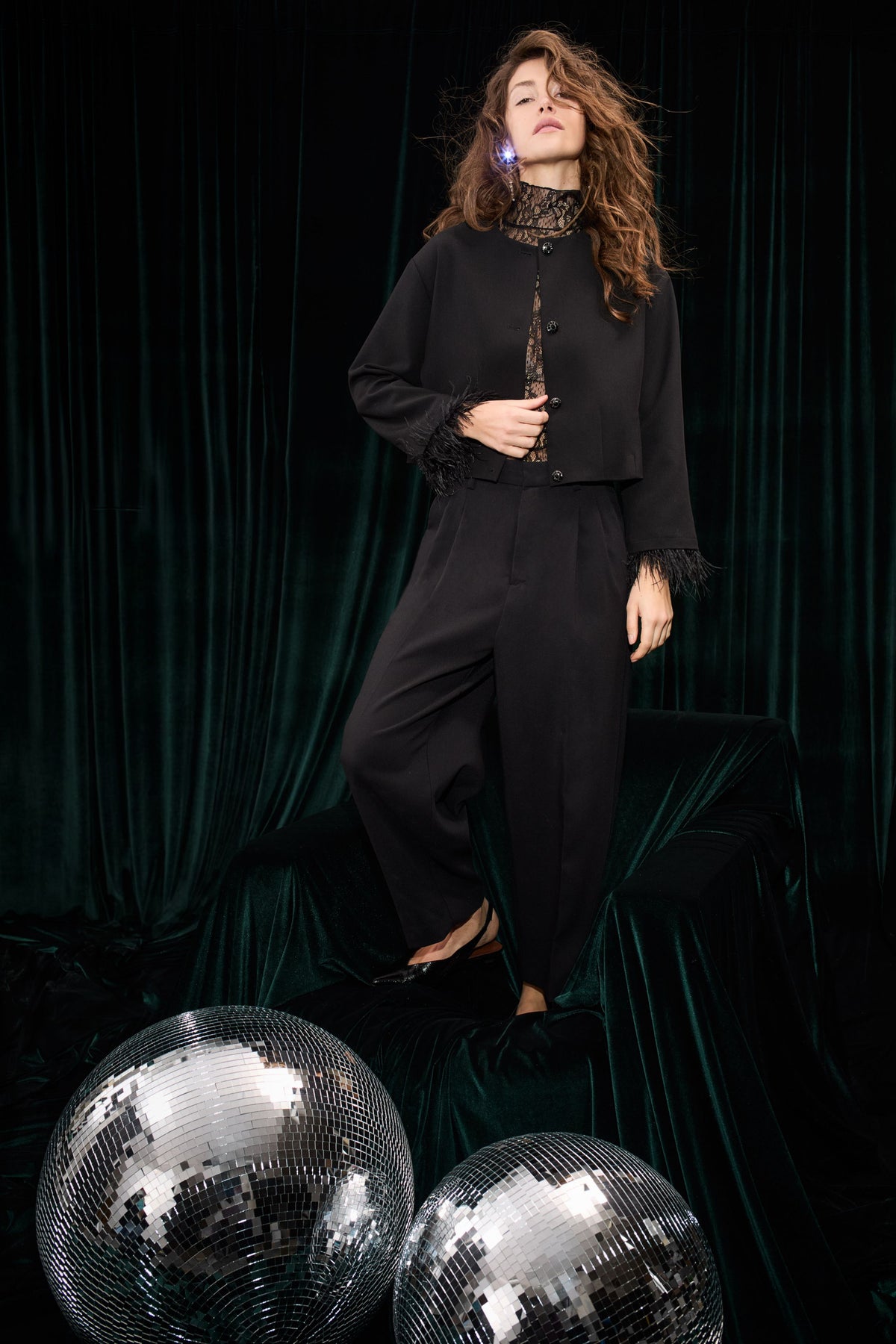 Oui black feather cuff jacket – occasion styling model view