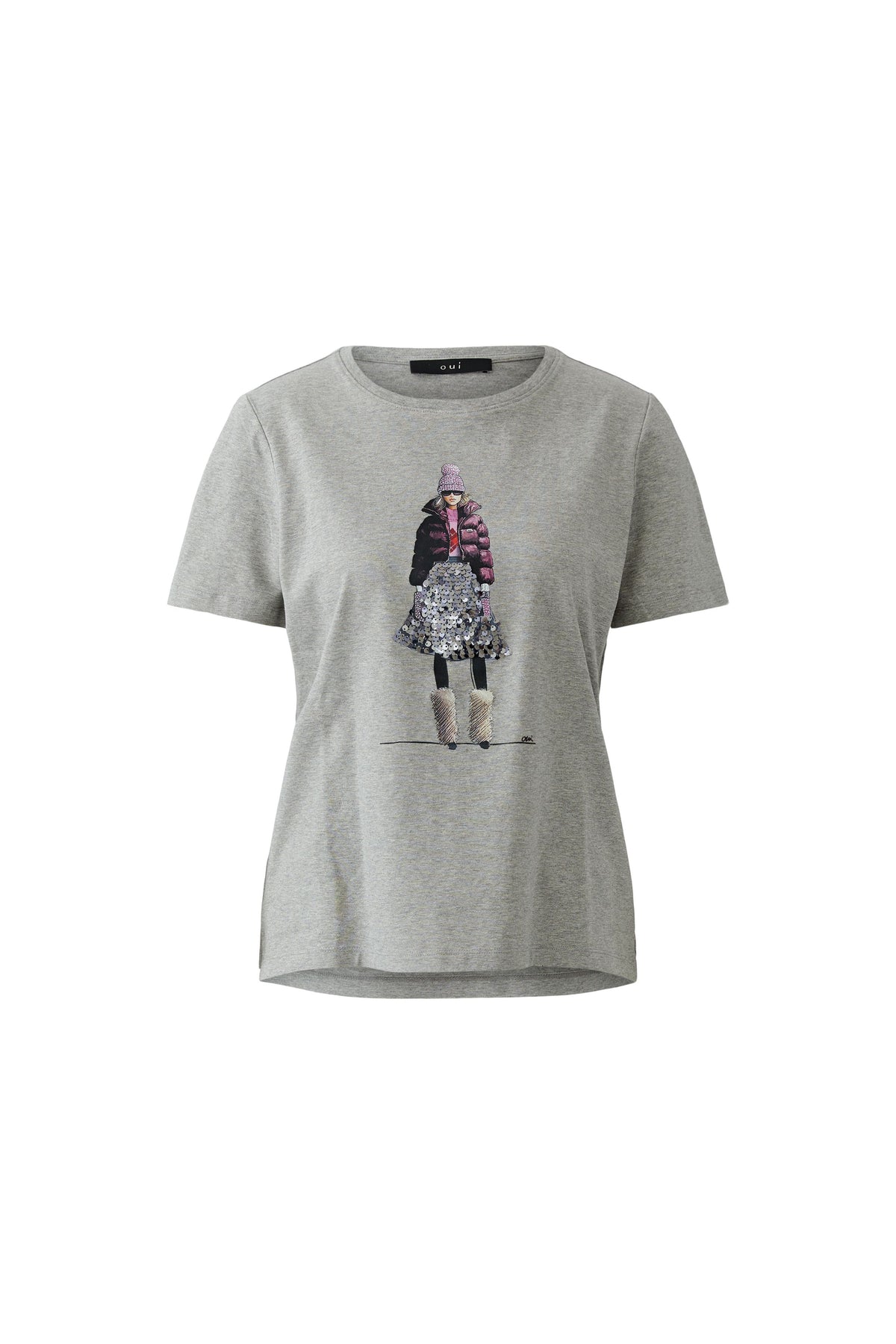Oui River Stone grey sequin graphic T-shirt – product-only front view