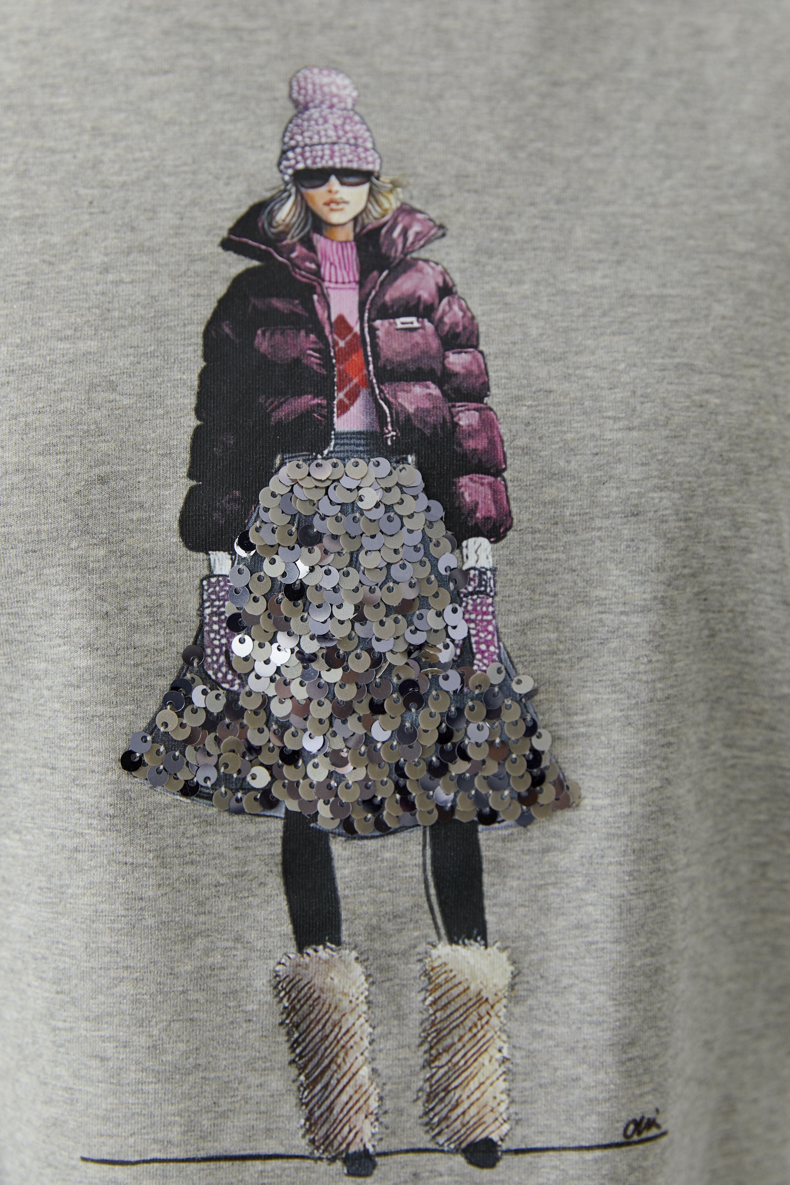 Oui River Stone sequin T-shirt – embellished fashion girl motif close-up
