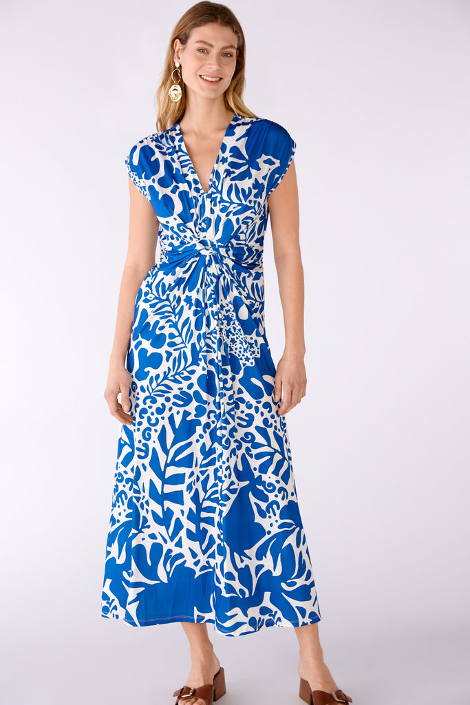 Oui Blue/White Floral Print Knot Detail Midi Dress With Short Sleeves 