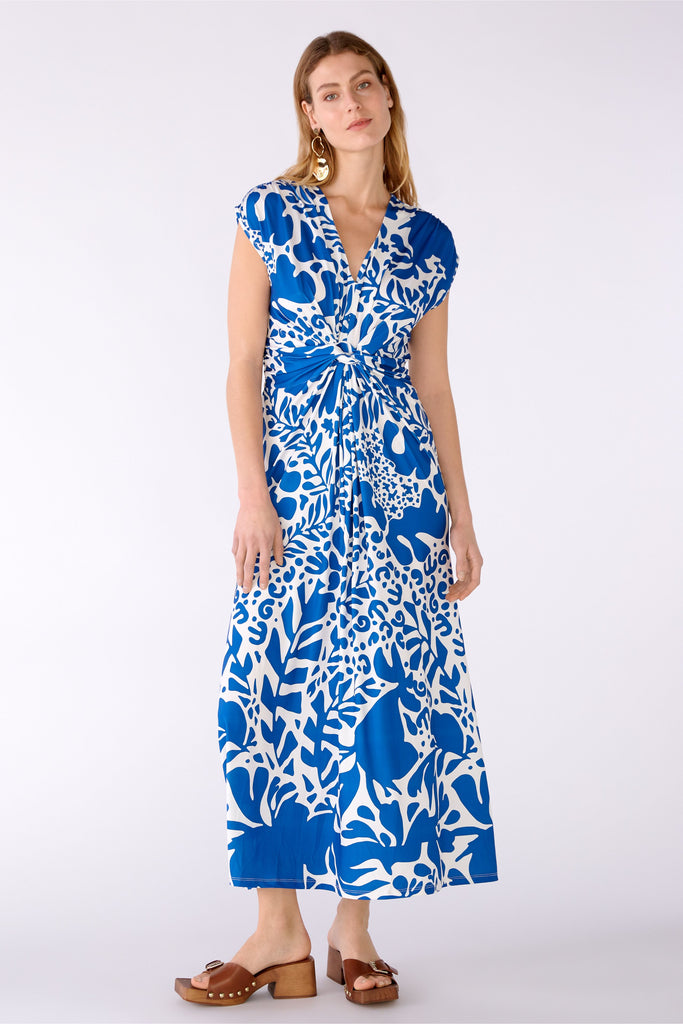 Oui Blue/White Long Floral Print Knot Detail Dress