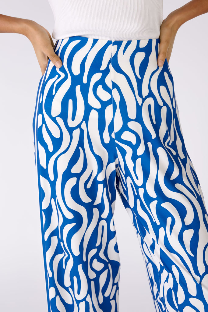 Oui Marlene Blue/White Swirl Print Silky Wide Leg Trousers