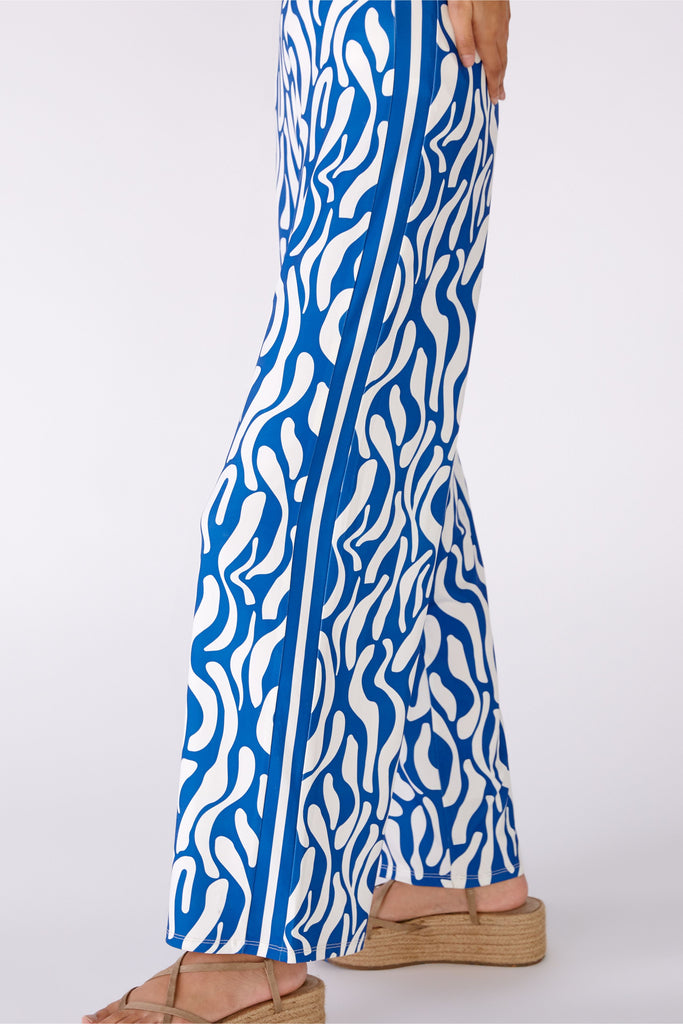 Oui Marlene Blue/White Swirl Print Silky Wide Leg Trousers With Side Stripe