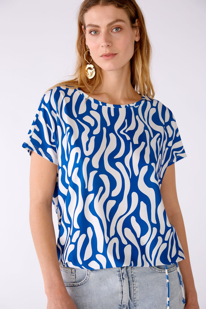 Oui Silky Blue/White Swirl Print Top