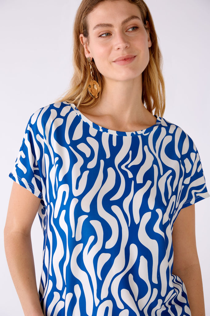 Oui Silky Blue/White Swirl Print Top With Short Sleeves