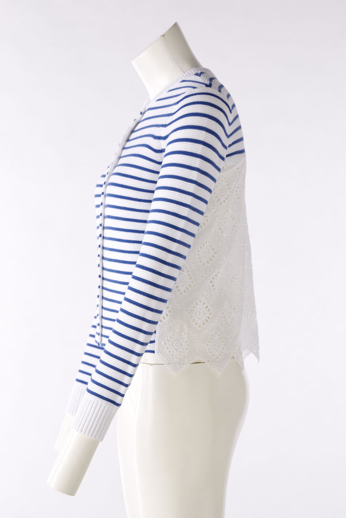 Oui Cream/Blue Striped Lace Hem Knit Cardigan From Side