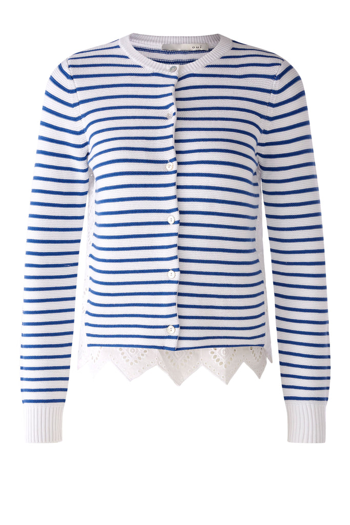 Oui Cream/Blue Striped Lace Hem Knit Cardigan