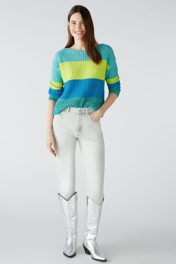 Oui Lime/Turquoise/Blue Stripe Print Knit Jumper