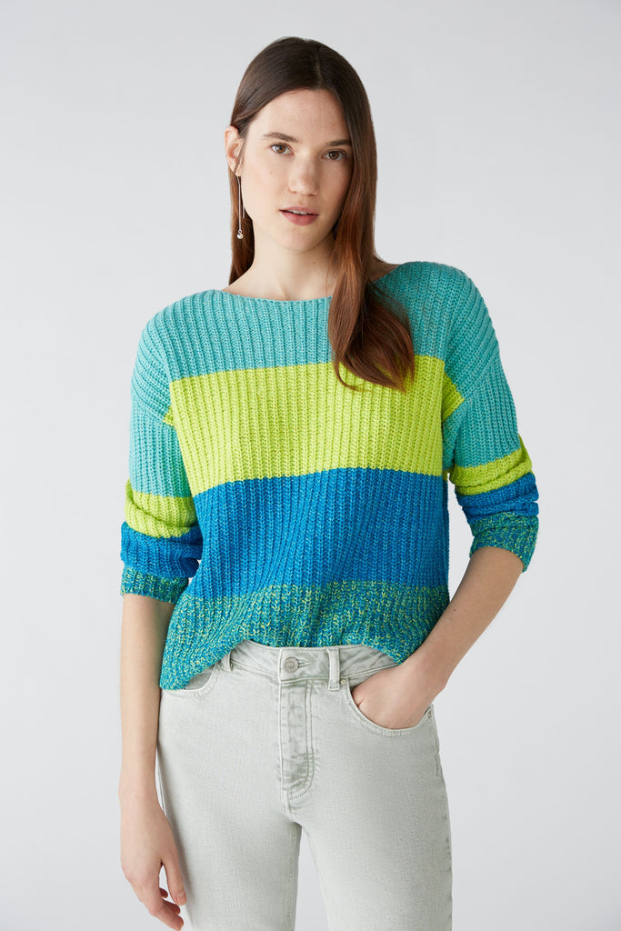 Oui Turquoise/Blue Knitted Stripe Print Jumper