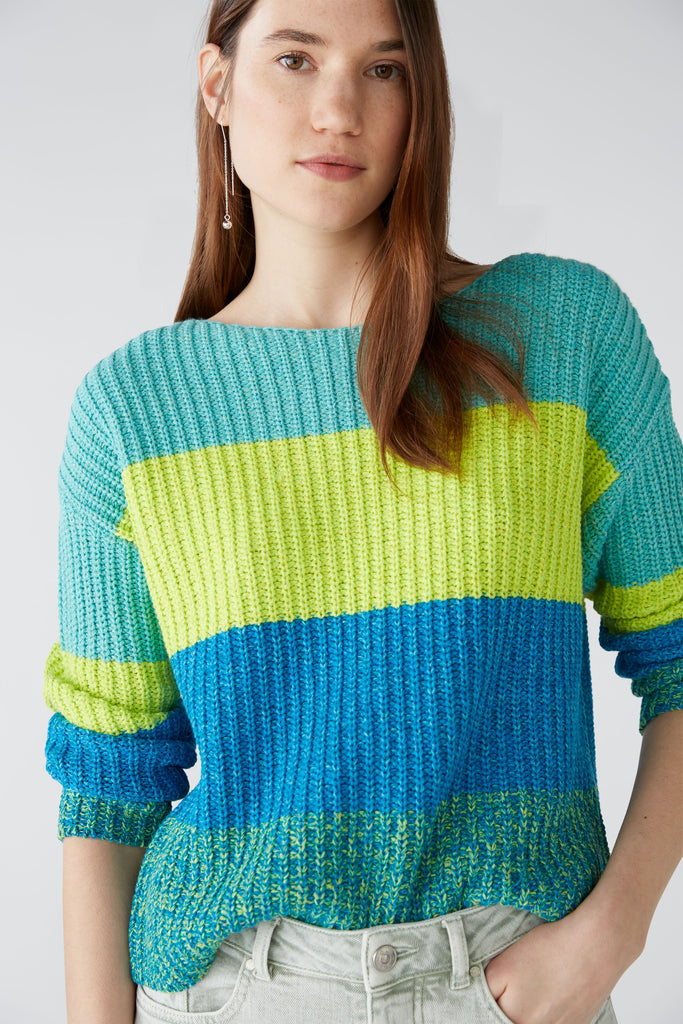 Oui Turquoise/Blue Stripe Print Knitted Jumper