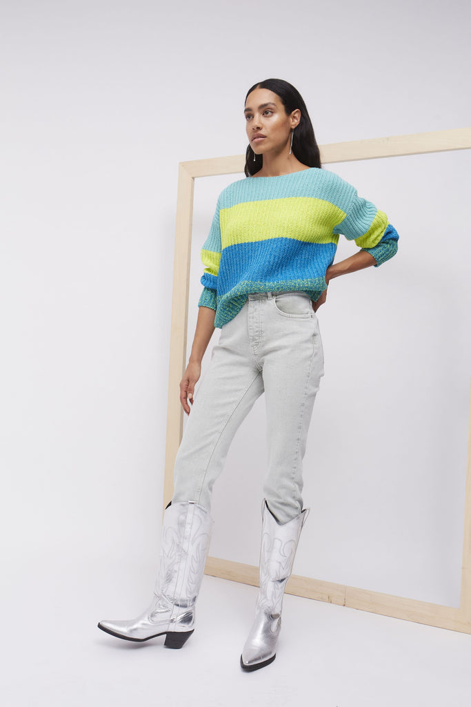 Oui Turquoise/Blue Stripe Print Knit Jumper On Model