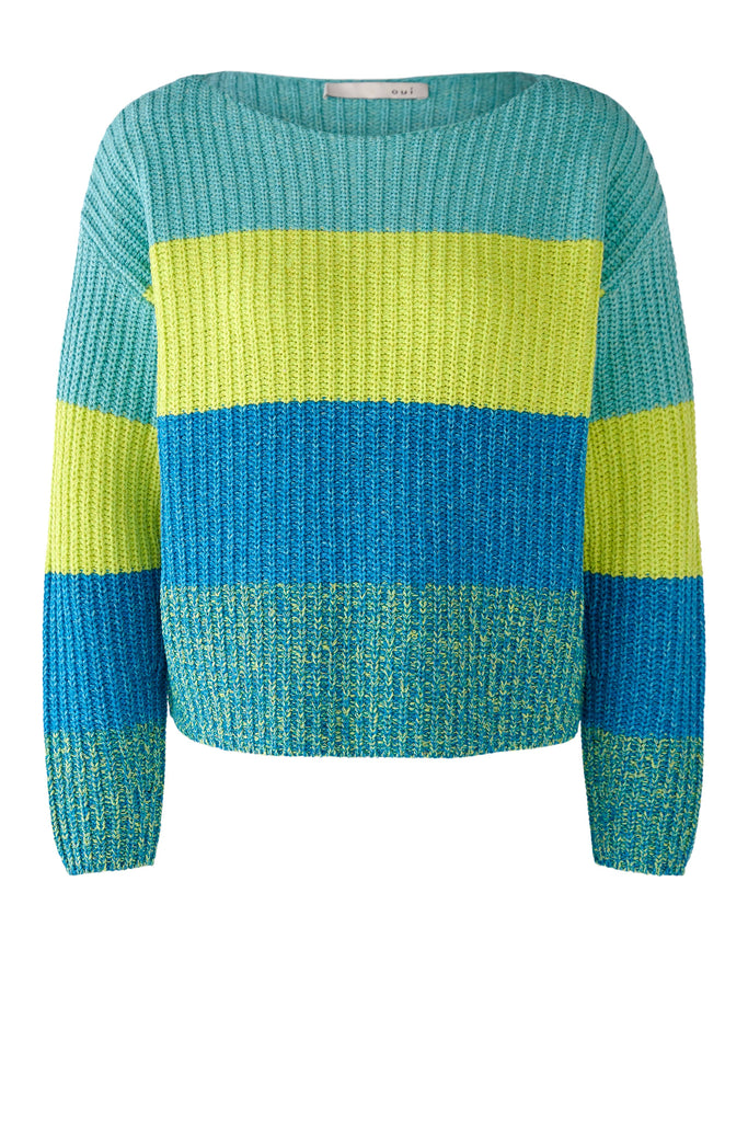 Oui Turquoise/Blue Stripe Print Knit Jumper Front
