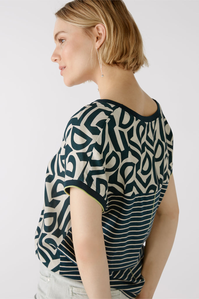 Oui Stone/Green Cotton Blend Abstract Print V-Neck Top From Back