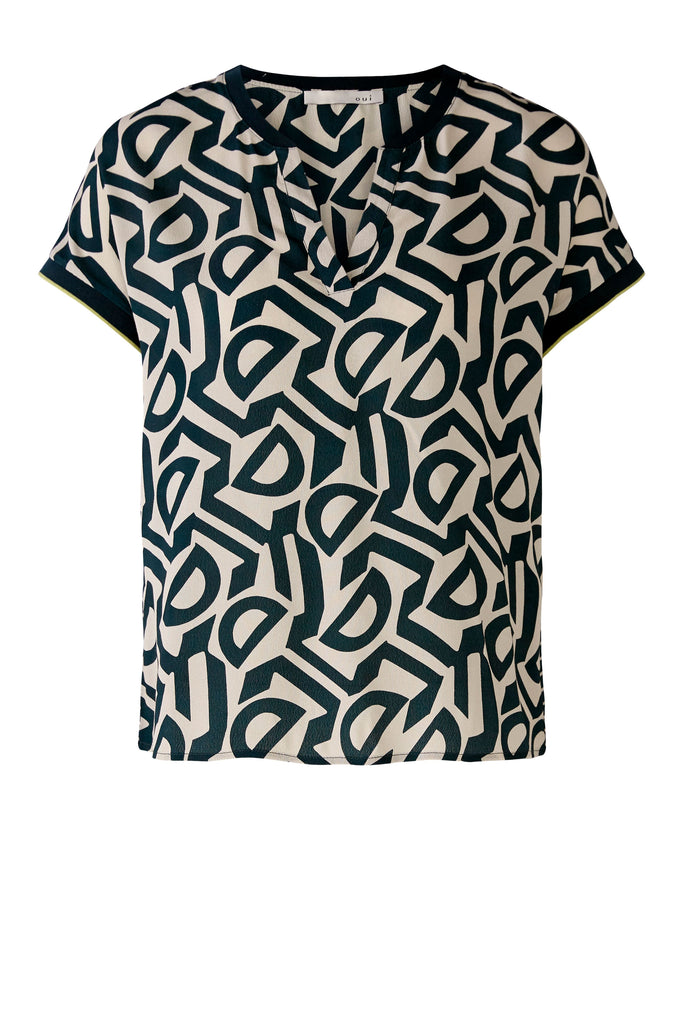 Oui Stone/Green Cotton Blend Abstract Print V-Neck Top Front