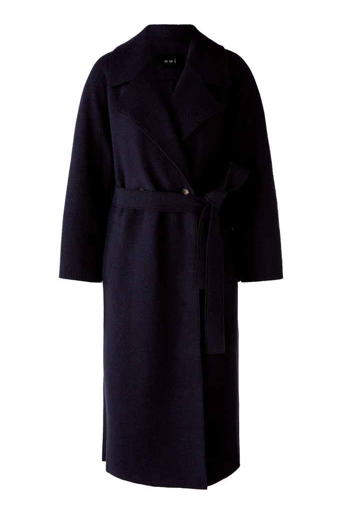 Oui Navy Double Breasted Wool Coat With Belt