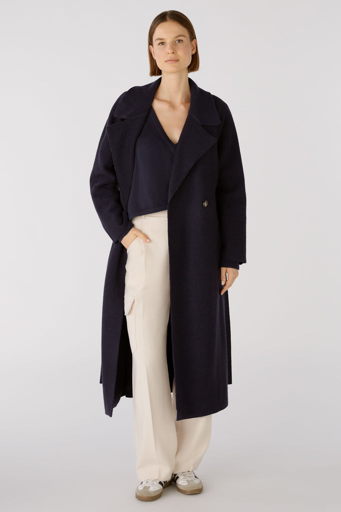 Oui Navy Double Breasted Wool Coat With Belt