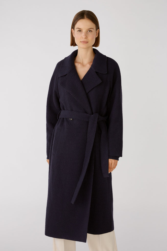 Oui Double Breasted Ladies Wool Coat With Belt In Navy