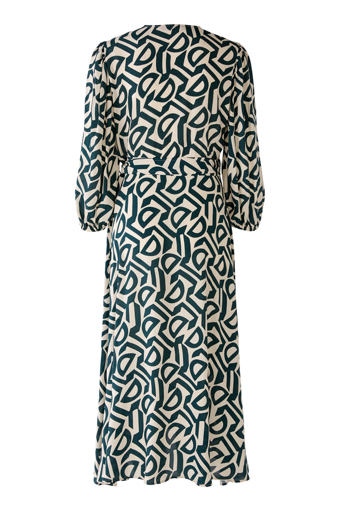 Oui Kleid Stone/Green Abstract Print Wrap Style Midi Dress - Back