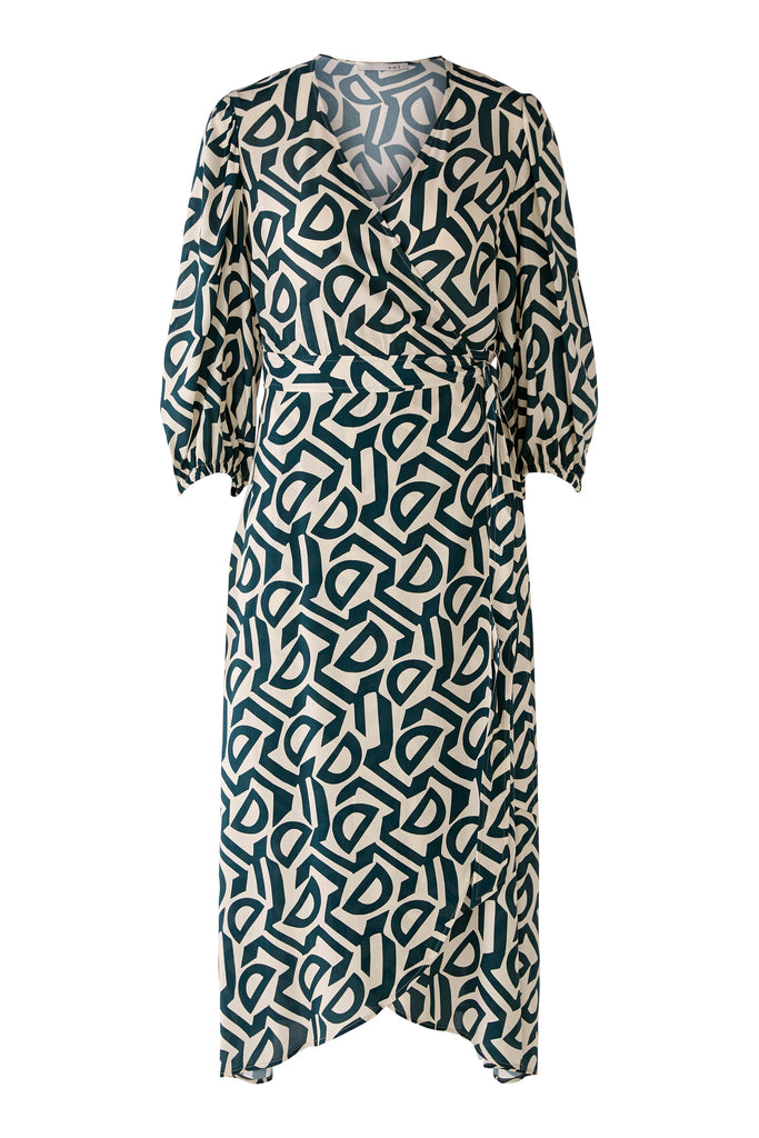 Oui Kleid Stone/Green Abstract Print Wrap Style Midi Dress