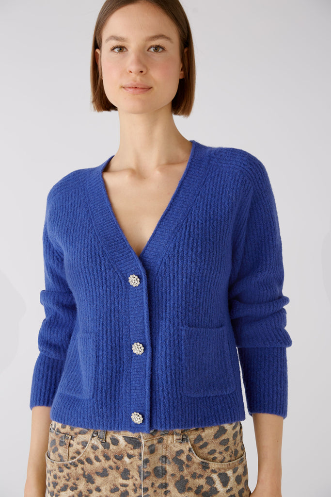Oui Knitted Patch Pocket Cardigan In Blue
