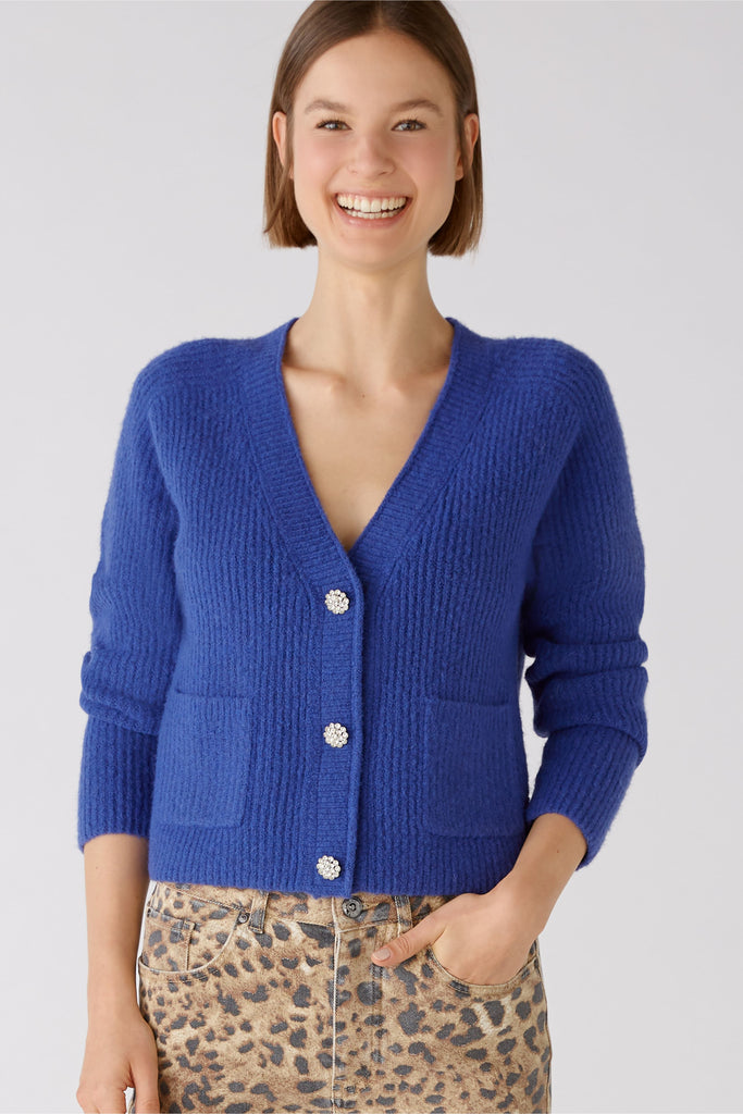 Oui Knitted Patch Pocket Blue Cardigan With Sparkly Buttons