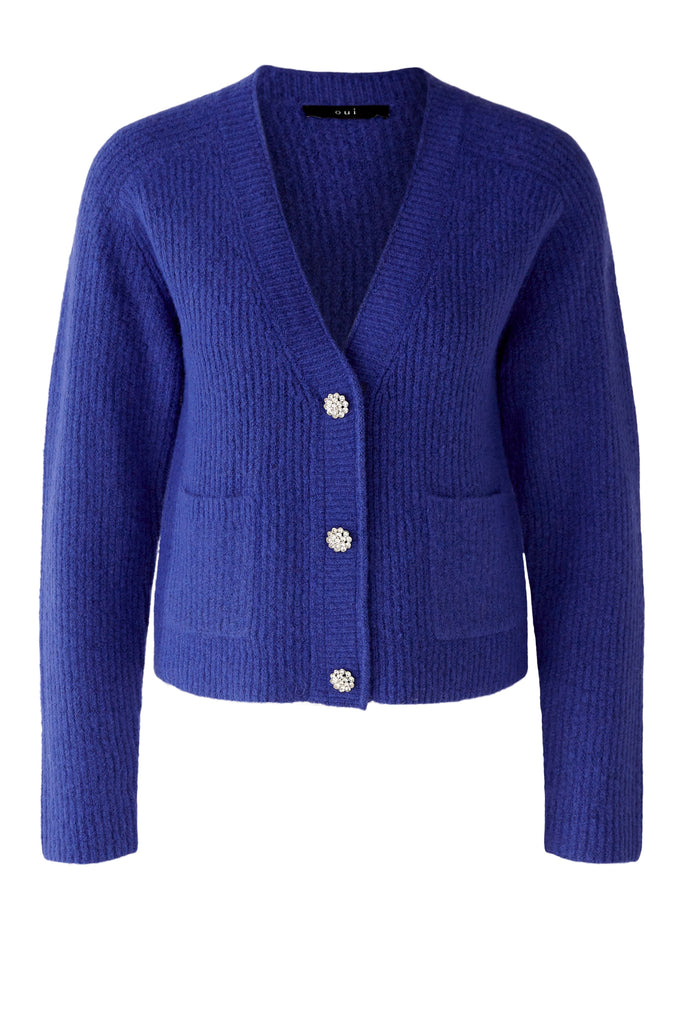 Oui Blue Patch Pocket Diamonte Ribbed Knit Cardigan