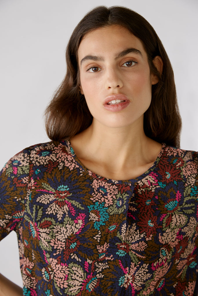 Oui Bronze Abstract Floral Print Top With Short Sleeves 