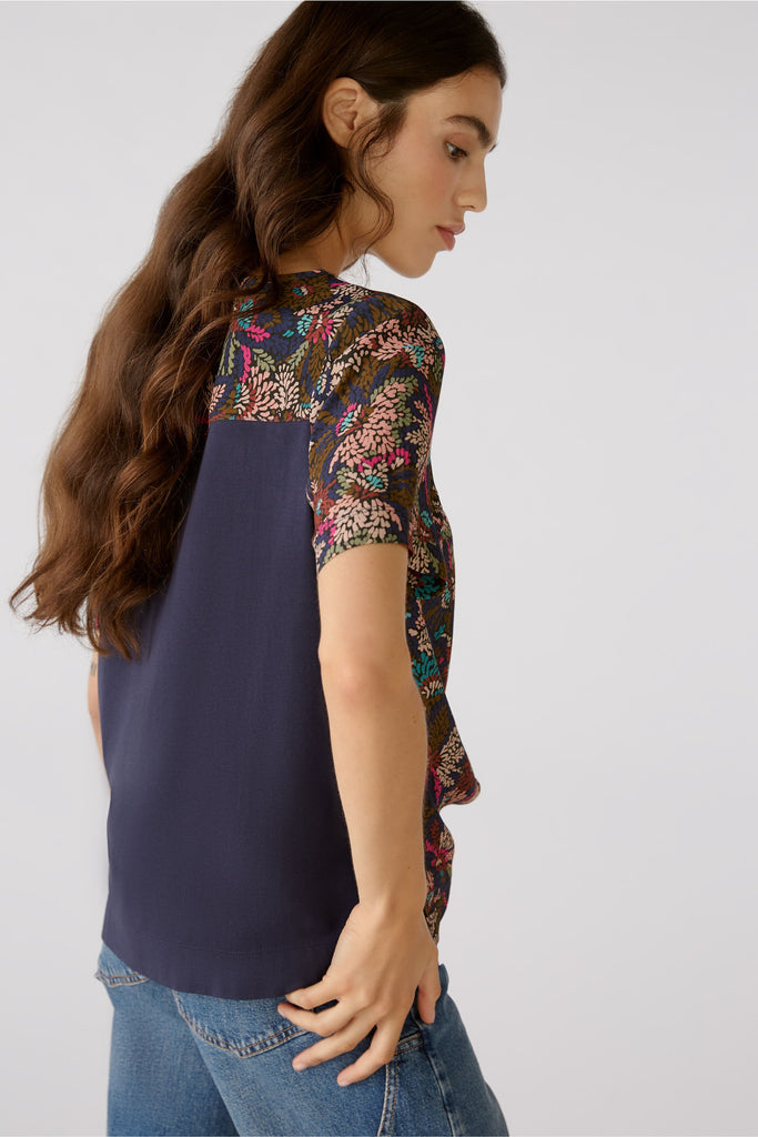Oui Bronze Abstract Floral Print Top With Plain Navy Back